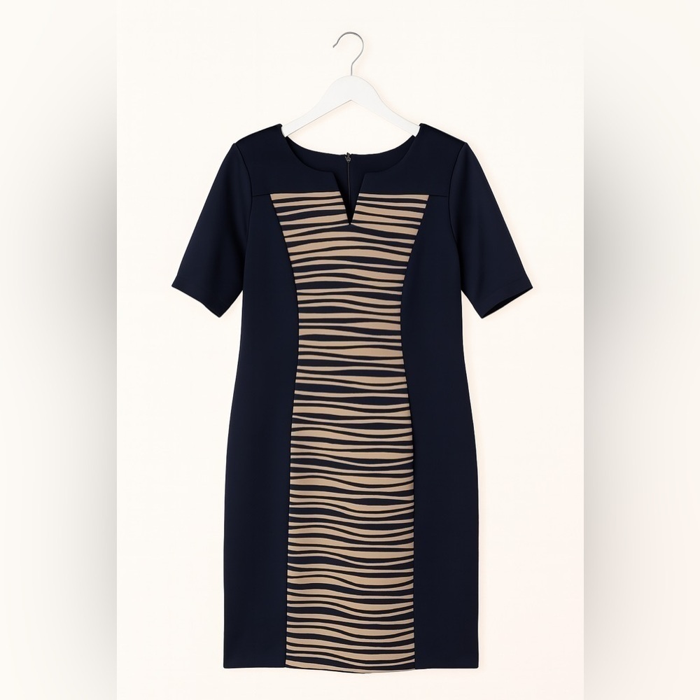 Connected Apparel Navy Blue Dress 14 Slit Neck Stretch Tan Front Panel Classic